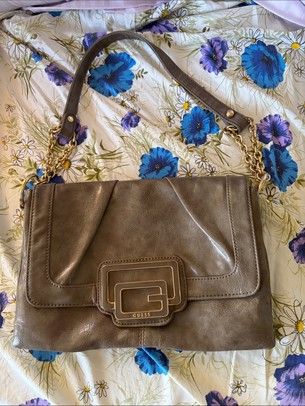 GUESS Taupe Shoulder Bag with Gold Chain Detail
